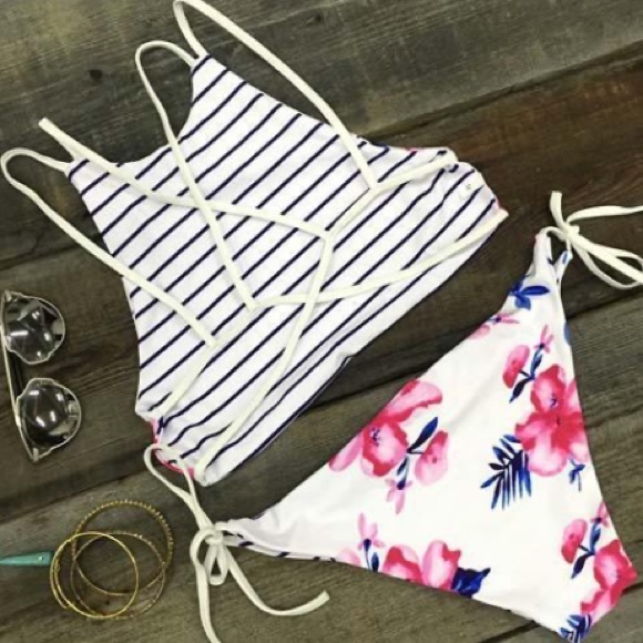 PINK Victoria's Secret Other - Reversible Floral Striped Print Halter Bikini Set